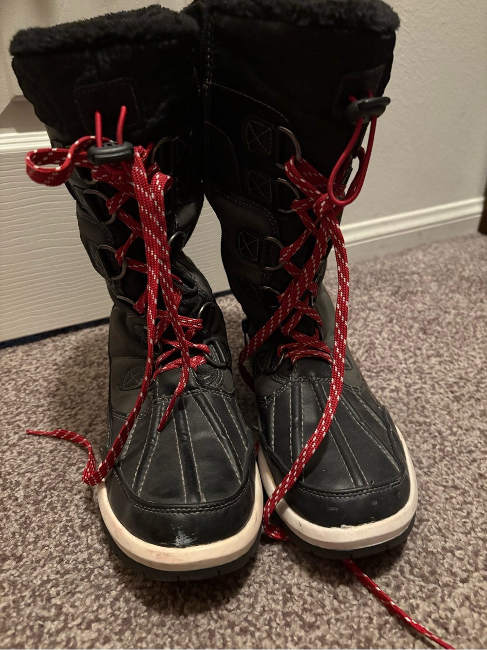 Black Winter Lace-Up Rain Boots with Red Laces